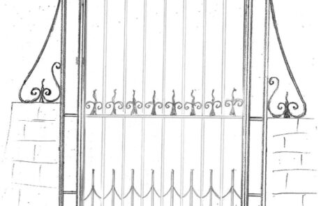 forged-traditional-finials-scrollwork-railheads-iron-blacksmith-pilasters-gates-pedestrian-entrance-latch-sketch
